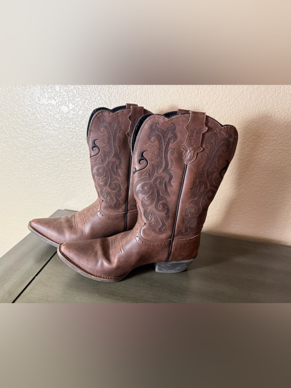 Justin Western Cowboy Boots Brown Leather Women’s Size 5D Embroidered